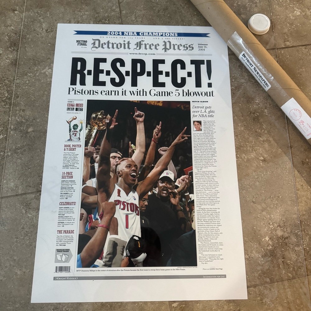 2004 Detroit Pistons NBA Champions Original‎ Free Press Print With Original Tube